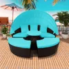 USA Stock, Blue Patio Furniture Round Outdoor Sectional Sofa Set Rattan Daybed Sunbed with Retractable Canopy Height Adjust SH000086AAC