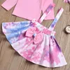 Babykläder Satser Långärmad Solid Top + Tie Dyed Suspender Kjolar + Tie-Dye Bow Headbands 3pcs / Set Boutique Girls Outfits by1580