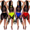 Sheer Malha Sexy Two Parte Set Mulheres Conjuntos de Roupas de Verão Top Biker Shorts Festival Bodycon 2 Piece Club Outfits para Women1