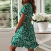 Fashion-Women Dresses Summer 2020 Sexy V Neck Blomstryck Boho Beach Dress Ruffle Short Sleeve En linje Mini Dress Wrap Sundress Robe