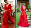 Ny Jumpsuit V-Neck Aftonklänningar Byxor 3/4 Ärm Satin Saudiarabien Vestidos de Festa Party Dress Prom Formell Pageant Celebrity Gowns