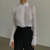 Sexy Mesh Shirts Long Sleeve Transparent Turn Down Collar Solid Casual Streetwear Summer Office Lady Blouse Female Top