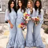 Ny skräddarsy ljusblå billiga brudtärna klänningar sjöjungfru applikationer spets långa bröllop gästfest klänningar robe demoiselle