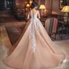Gorgeous Arabic Champagne And White Lace Wedding Dresses A Line Off Shoulder Ruffle Appliqued Full Length Back Lace-up Corset Bridal Gowns