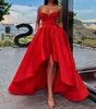 Nieuw Aanpassen Simple Red Sweetheart Avond Party Jurk Satijn Hoge Low Prom Dress With Pockets Plus Size Prom Dresses