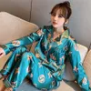 Luxury 2 1st Silk Satin Lady Pyjamas Set Blue Mozy Soft Flower Printed Sleepwear Long Sleeve Pyjamas Winter Girl Women Homewear S6837247