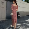 Dorywczo Długie Kobiety Sukienka Cherry Druku Krótki Rękaw Wakacje Boho Beach Lato Kwadrat Kołnierz Vintage Vestidos Robe 210514