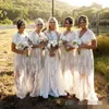 Ivory Boho Bridesmaid Dresses V Neck Short Sleeves Illusion Skirt Tulle Lace Custom Made Vintage Floor Length Maid Of Honor Gown 403 403