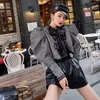 Women's Jackets VGH Casual Plaid Women Coats O Neck Puff Long Sleeve Tunic Ruched Hit Color Slim Short For Female Fashion 2021 Clothing