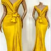 Cheap Sexy Stunning Yellow Evening Dresses Wear Pleats Knoted Mermaid Off the Shoulder Formal Party Celebrity Gowns For Women Occa251S