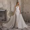 Glitter zeemeermin trouwjurken met afneembare trein Sexy mouwloze kant geappliceerd kapel bruidsjurk Custom Made Vestidos de Novia