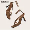 Eilyken 2020新しいファッションクリップTOE Vネックデザイン女性サンダル夏の足首バックルストラップスティレットハイヒールの女性のドレスシューズ0922