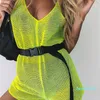 Fashion-Simenual Neon Green Mesh Jumpsuit Women V Neck Hollow Out Overalls Strap Backless Transparent Sexy Jumpsuits Summer Rompers Q190529