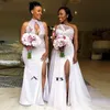 2つのスタイルナイジェリアアフリカ人魚の花嫁介添人ドレスプラスサイズのビーズの名誉サイドスリット結婚披露宴の着用