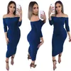 Womens Slash Neck Slim Dress Long Sleeve Solid Color Knit Dress Famale Sexy Bodycon Dresses