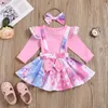 Set di abbigliamento per bambini Top solido a maniche lunghe + Gonne con bretelle tinte in cravatta + Fasce con fiocco tie-dye 3 pezzi / set Boutique Abiti per ragazze BY1580