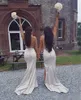 Sexy Backless Bridesmaid Dresses Satin Criss Cross Straps Halter V Neck Side Slit Sweep Train Custom Made Maid of Honor Gown Wedding Party