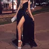 2020 Svart Enkel Glitter Sequined Evening Gowns V Neck High Side Split Seuiqned Prom Dresses Sweep Train Formella Kvinnor Party Dresses