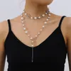 Collane con perline lunghe di perle finte barocche Collana a cuore con diamanti vuoti per donne Collana elegante in argento a doppio strato con gioielli per feste