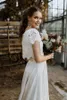 Bohemian Två bitar Högt nu Bröllopsklänningar 2020 Lace Top Short Sleeves Jewel Neck Holiday Country Beach Bride Gown Vestidos de Novia