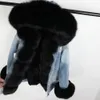 Vinter Natural Fox Fur Big Fur Collar Denim Loose Fashion Fur Avtagbar Lining Park Gädda Läderjacka Kvinnors Slitage