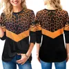 Femmes léopard à manches longues t-shirt multicolore lambrissé ample col rond automne t-shirts dames pull haut