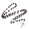 Santo Padre Natural Tiger Eye Rosário Cristo Cruz Colar cristã Presente de Natal Acessórios