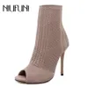 NIUFUNI Women Boots High Heels Fashion Peep Toe Knit Sock Ankle Booties Spring Autumn Shoes Woman Sexy Thin Heeled Lady Boots Y200723