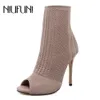 NIUFUNI Frauen Stiefel High Heels Mode Peep Toe Stricken Socke Ankle Booties Frühling Herbst Schuhe Frau Sexy Dünnen Absätzen Dame stiefel Y200723