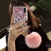 Bling Crystal Diamond Fox Fur Fur Pendentif Pendentif Téléphone Coffre Cover pour iPhone 11 12 Pro Max XS XR x 8 7 6S Plus Samsung Galaxy Note 10 9 S10E / 9/8
