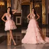 Roze A-lijn Avondjurk Sexy V-hals Geappliceerd Formele Prom Dress Hot Koop Tiered Tulle Sweep Train Custom Made Runway Fashion Jurk