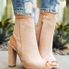 Women Summer Boots Faux Suede Casual Peep Toe High Heels Shoes Woman Black Booties Zipper Square Heel Ankle Boots Plus Size 43 CX200820