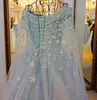 Geweldige Sky Blue Handmade Flowers Trouwjurken 2021 Parels Beaded Off Shoulder Tulle Bruidsjurken A Line Trouwjurken