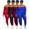 Gorąca Sprzedaż-Plus Size Moda Damska Seksowna 2 Sztuk Off Ramię Z Długim Rękawem Z Długim Rękawem Up Top I Długie Pant Bodycon Jumpsuit Skinny Romper