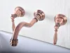 Antique Red Copper Finish Wall Mounted Bathroom Basin Faucet Double Handles Widespread 3 Holes Mixer Tap Lsf502