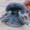 Baby girls denim coat kids fur collar hooded jean outwear children velvet thicken warm cowboy coat A40367986980