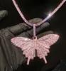 Mäns Iced Out Big Pink Butterfly Pendant Cubic Zirconia Halsband Hip Hop Smycken Charm Kvinnor Present med tennis eller kubansk kedja