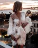 2021 Illusion Sexy Bridal Bathrobe Long Sleeve Flower Appliques Mini Short Women Sleep Wear Wedding Robe