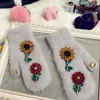 Five Fingers Gloves Women Winter Colorful Crystal Flower Design Fur Fashion Hand Warmes Brand1