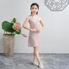 الصيف الصيفي زهرة طباعة الحرير Qipao Kids Baby Girls التقليدية الأميرة اللباس Cheongsam الأكمام القصيرة الرجعية Vestido236m