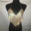 Hot Sale FestivalQueen Kvinnor Glitter Halter Rhinestones Crop Top Camis Girls Backless Metal Sequin Sommar Sexiga Diamanter Tank Toppar