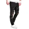 2021 Herrvita mager jeans - Rippad nödställd stretch denim casual hiphop mode byxor