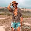 Moda-Mens Camisa havaiana Masculino Casual Impresso Homens Baggy Beach Leopard Imprimir Botão de Manga Curta Botão Retro Camisas Tops Blusa S-3XL