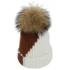 2020 New Women Pompom Beanies Knit Hat Real Raccoon Fur Pompoms Beanie Thick Gorro Feminino Patchwork Caps CASHMERE Bonnet Cap