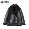 AOEMQ Retro nieuwe revers en fluwelen gewatteerde bont één jas warme mode PU lederen lams haar motorfiets kleding bomberjack cx200811