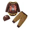 Thanksgiving Newborn Animal Print Long Sleeve Romper + Striped Pants + Turkey printed Hat 3pcs/set Boutique Baby Outfits M2613