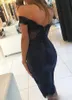 Sexy 2021 marineblauw schede cocktail jurken elegant off-schouders kant appliques backless knie lengte prom jurken moeder jurk