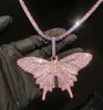 Uomo Iced Out Big Pink Butterfly Pendant Cubic Zirconia collana gioielli hip hop gioielli fascino donne regalo con tennis o catena cubana