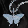 Blaue AAA+ Zirkonia Pavé Bling Ice Out Schmetterling Anhänger Halsketten Tennis Kubanische Kette für Männer Frauen Hip Hop Rapper Schmuck