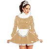 Plus Size Lovely Glossy PVC Maid Lace Mini Dress Ladies Long Sleeve Cosplay Fancy Dress Halloween Carnival Novelty Party Costume